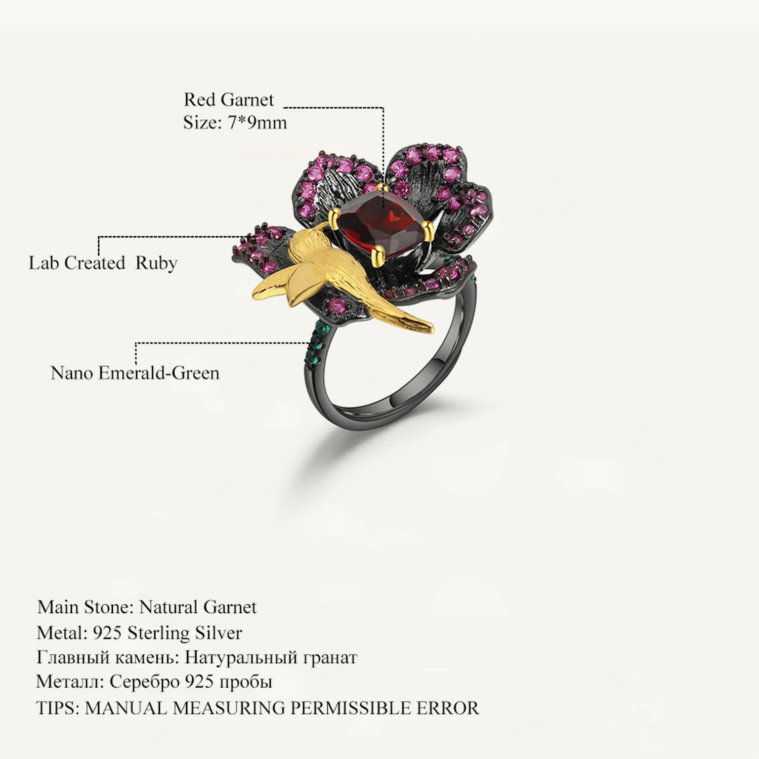 

GEM'S BALLET Natural Garnet Amethyst Flower Rings Jewelry Secret Garden 925 Sterling Silver Adjustable Open Ring For Women