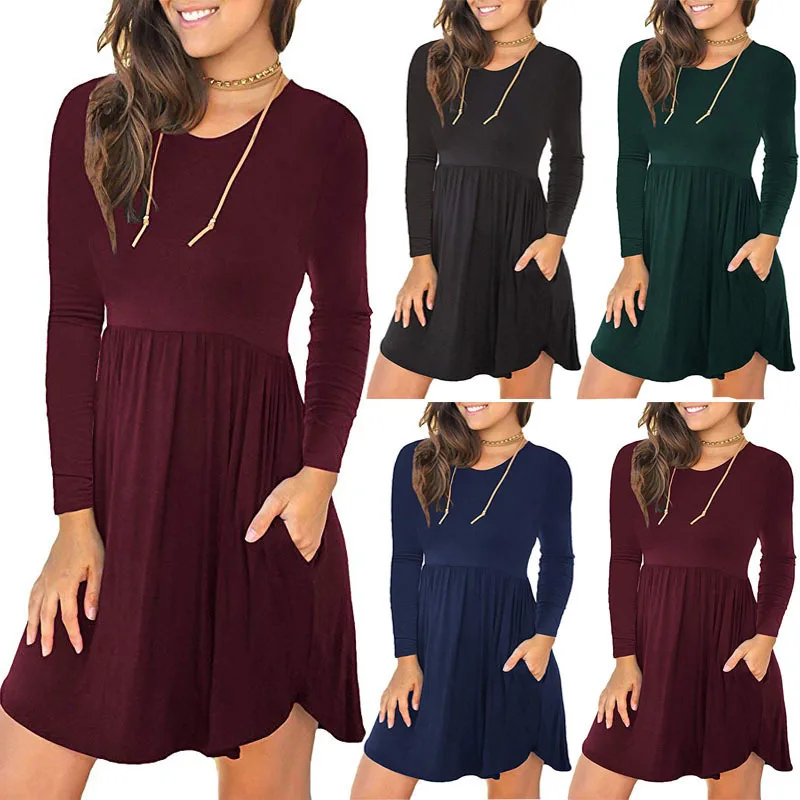 

Autumn New Round Neck Long Sleeve Pocket Elastic Waist Solid Color Dress