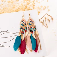 sheishow creative boho teardrop tassel feather pendant metal beads drop earrings for women fashion leaf geometry jewelry design