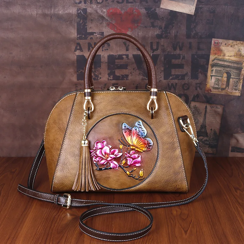 

Women Shoulder Bag Retro Genuine Leather Floral Handbag For Women Embossed Butterfly Tote Bag Luxury Vintage Bag Ladies