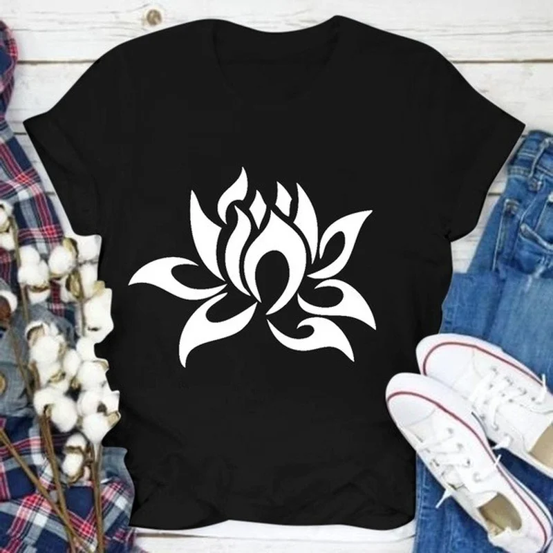 

Blooming Lotus Print Women T Shirt Short Sleeve O Neck Loose Women Tshirt Ladies Tee Shirt Tops Clothes Mujer