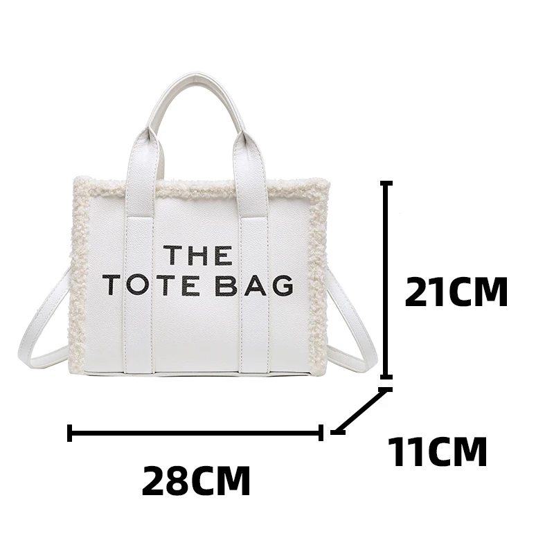 Female White Tote Handbag Medium Pu Leather Furry Letter Print Lovers' Crossbody Bag Top Handle Aesthetic Women's Shoulder Bags
