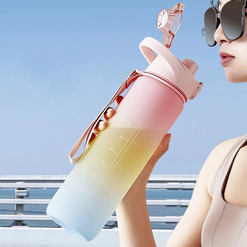 

1L Transparent Plastic Water Bottles BPA Free Creative Frosted Drink Bottle with Portable Rope Travel Waterbottle Fitness Jugs