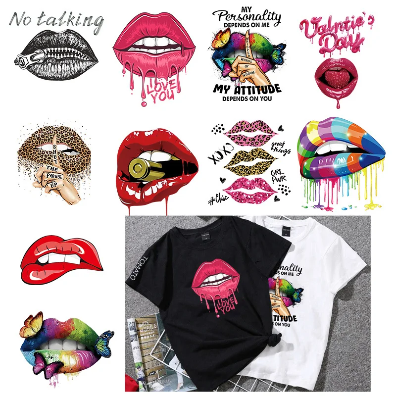 

Fashion Leopard Lips Print Heat Transfer Thermal Patches For Clothes Stickers For T-Shirts Iron On Girls Lips Patches Appliques