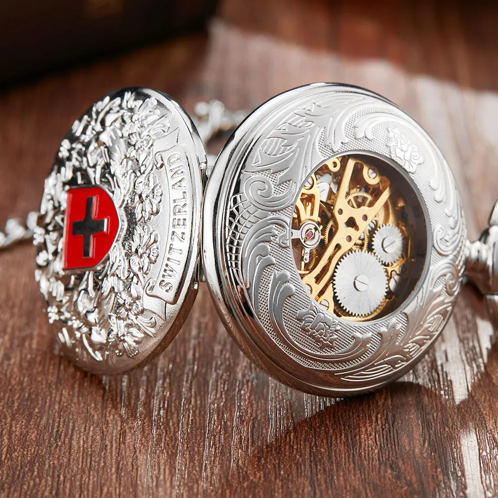 Vintage Silver Switzerland Red Cross Mechanical Pocket Watch Edelweiss Sculpture Hollow Skeleton Mechanical Pocket Watch Chains