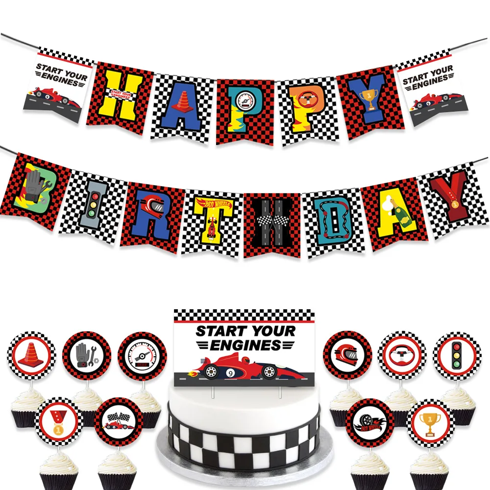 

Racing Themed Party Supplies Happy Birthday Banner Racing Cake Toppers