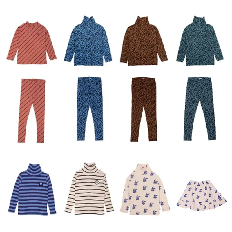 

Pre-sale (ship September) 2023 Baby Girls Clothes WYN Autumn Leopard Print Leggings & Shirts Boys High Neck Striped Bottom Shirt