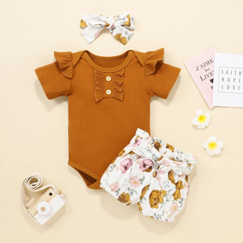 

Newborn Baby Girl Clothes Set Summer Infant Outfits Solid Romper+Flower Shorts Headband Fashion 3Pcs For Toddler Clothing