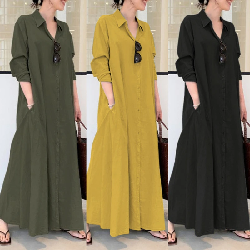 

2023 New Cotton & Linen Women's Dress Elegant Solid Color Lapel Long Sleeve Shirt with Pockets Simple Casual Robe Loose Dresses