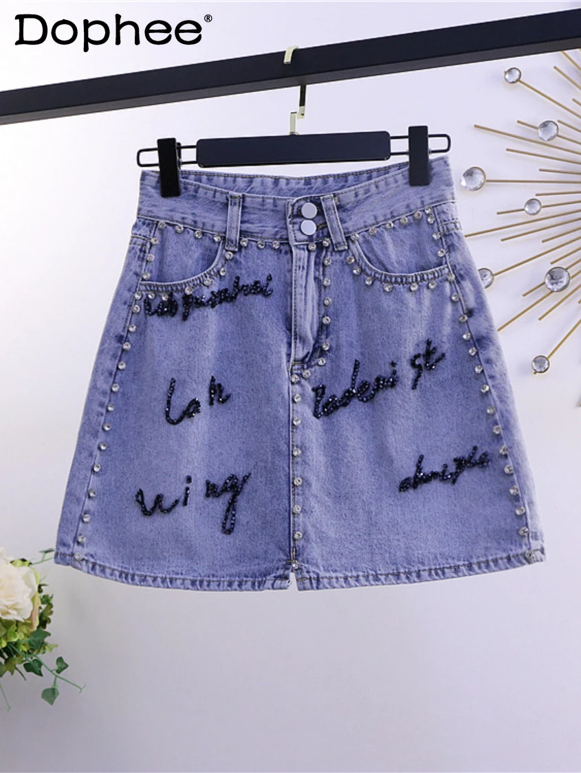 

2022 Summer New Exquisite Rhinestone Beaded Letters Denim Skirt for Women Fashion All-Match A- Line Split Mini Skirt High Street