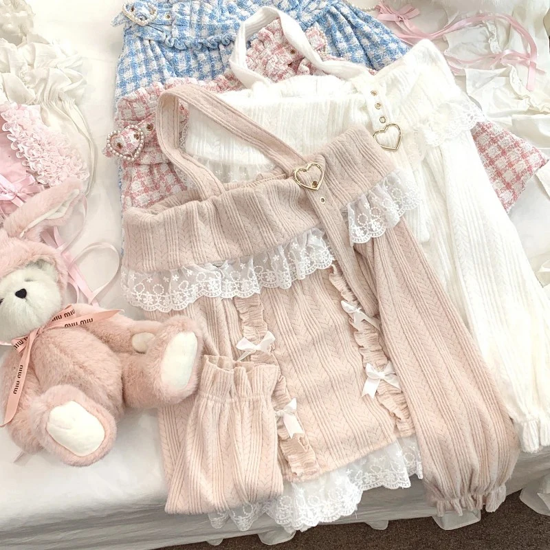 MEXZT Kawaii розовый свитер с разрезом на шее женский кружевной лоскутный вязаный