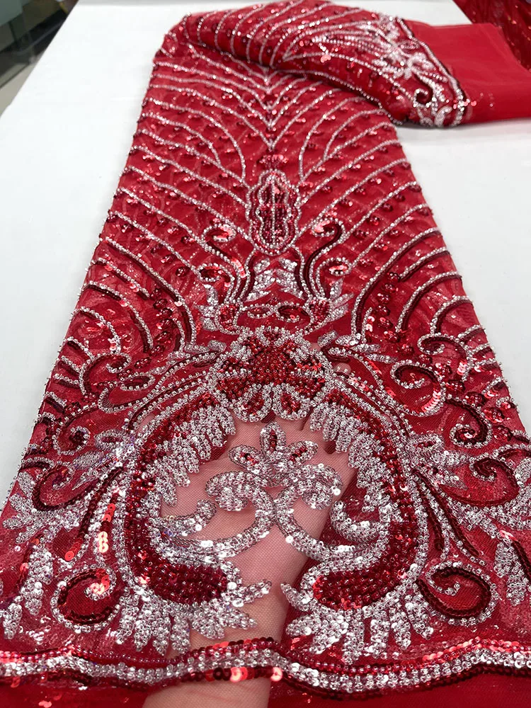 

Red African Lace Fabric High Quality Heavy bead Embroidery 2023 French Tulle Nigerian Sequins Lace Fabric for Wedding Dresses