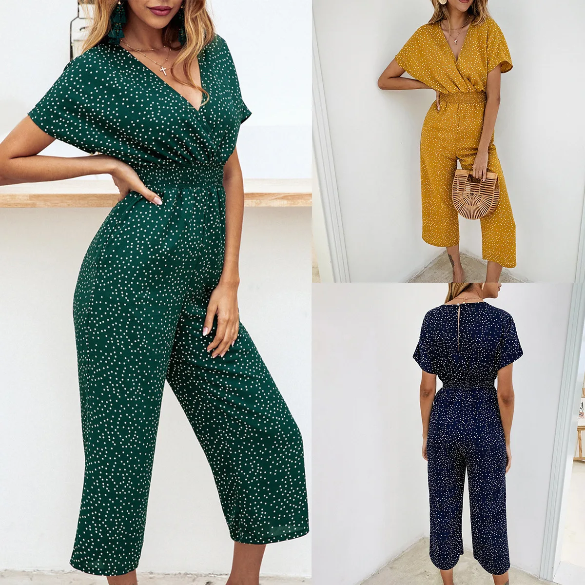

Elegant Ladies Sexy Dot Short Sleeve Yellow Green Blue Jumpsuit Summer 2022 Fashion Casual Print V Neck Pocket Ladies Jumpsuit