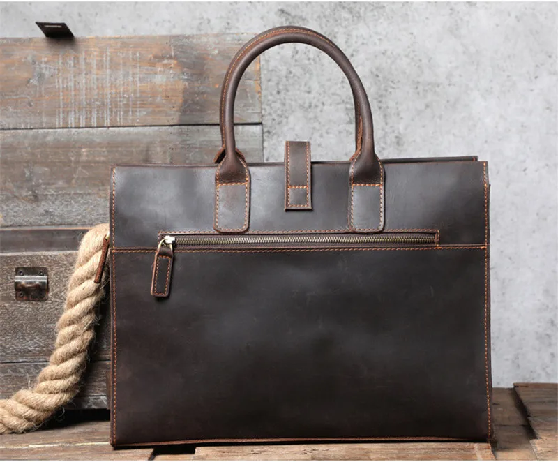 Vintage crazy horse cowhide men's women's briefcase business work laptop handbag simple genuine leather shoulder messenger bag
