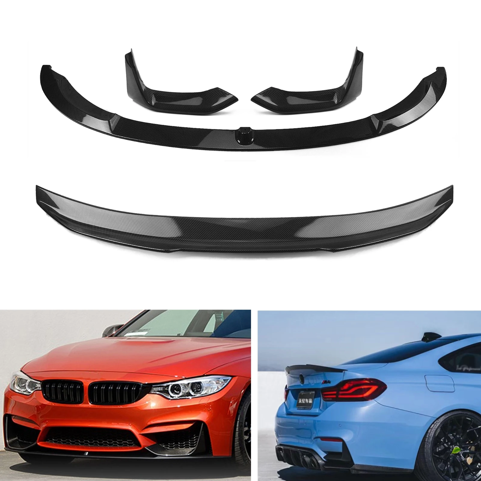 

For 2015-2020 BMW F82 M4 Coupe 2 Door Only PSM Carbon Fiber Look/Gloss Black Rear Trunk Spoiler Wing+Front Bumper Splitter Lip