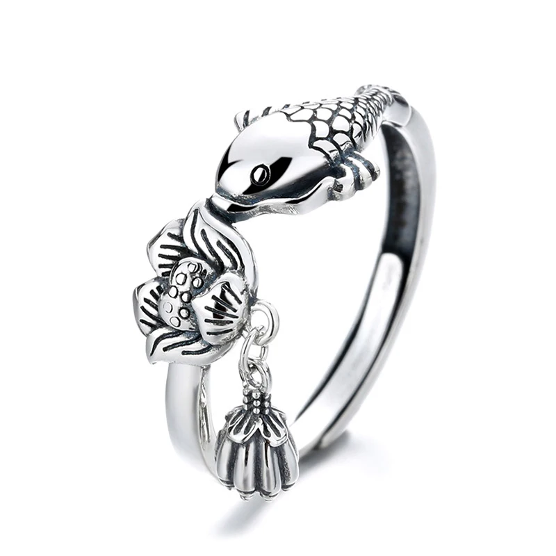 

Original 925 Sterling Silver Women Rings Goth Retro Ethnic Lucky Brocade Carp Lotus Ring Opening Resizable Wedding Gift Jewelry