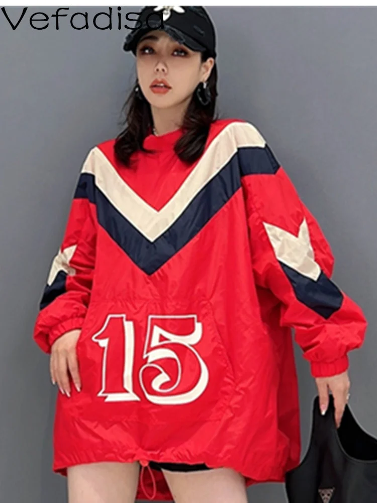 

Vefadisa2023 Autumn Round Neck Pullover Sweatshirt Loose Stripe Printing Color Blocking Leisure Sweatshirt Women Red Top LHX3736