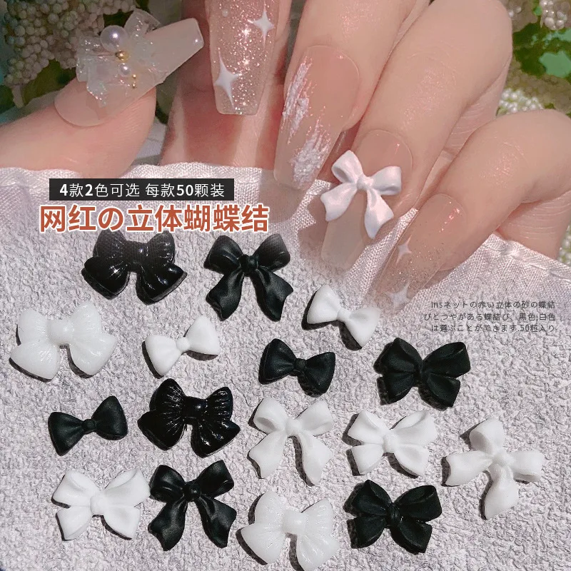 

50pcs Black White Bow Resin Nail Art Decoration 3D Bowknot Cross Nail Charm Jewelry DIY Manicure Designer Classic Accessories