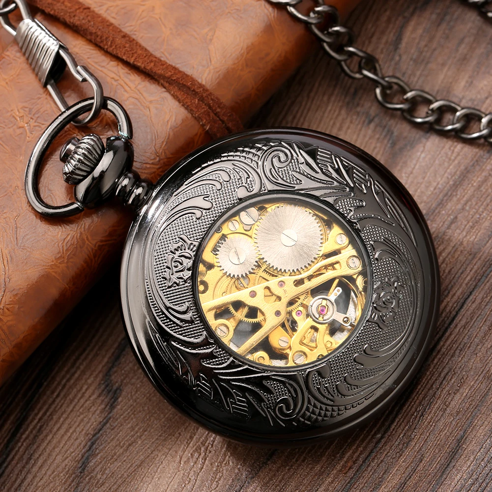 Black Carved Pattern Transparent Glass Manual Mechanical Pocket Watch Gold/Rose Gold Roman Numeral Dial Hand-Wind Pocket Clock