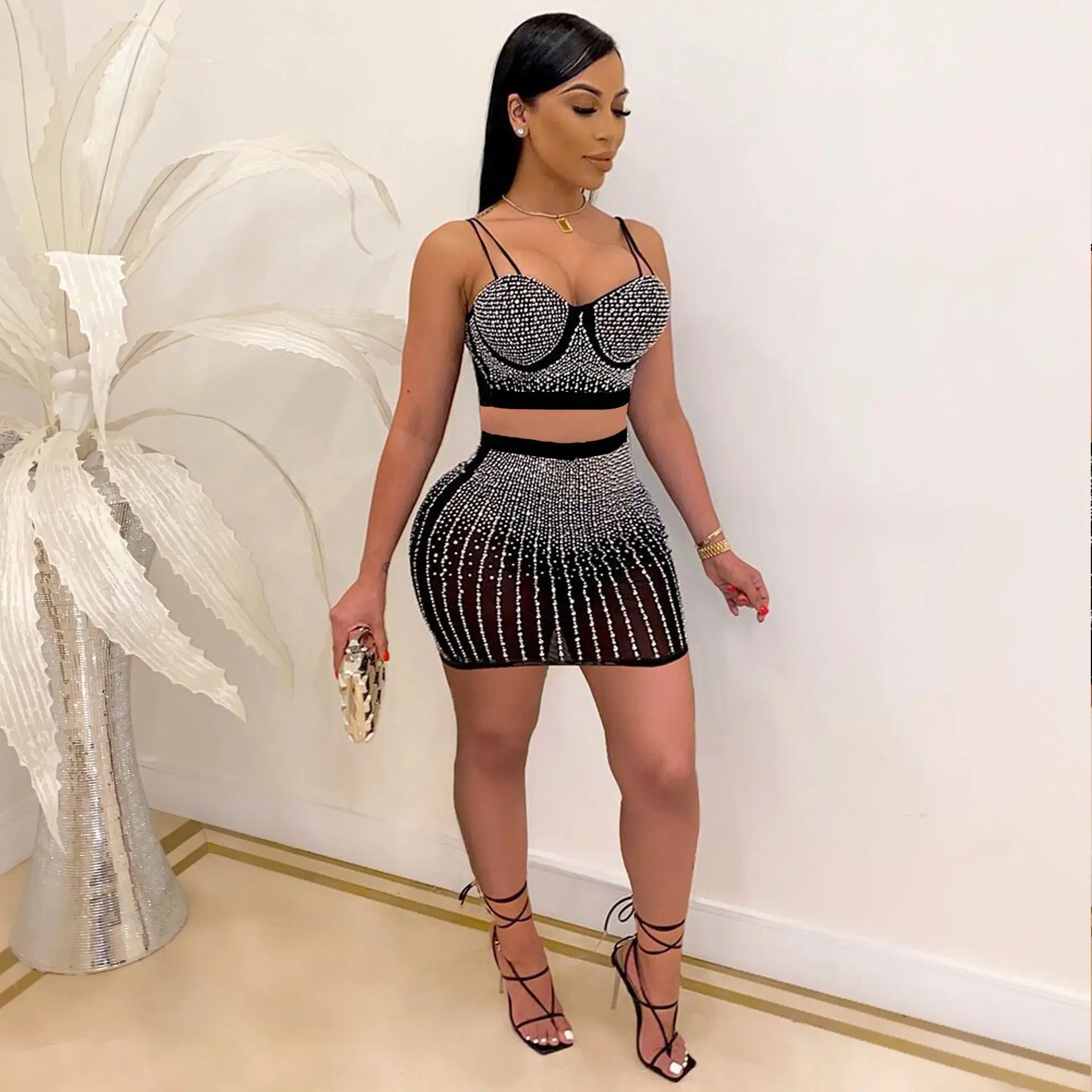 

Adogirl Sexy Diamonds Sheer Mesh Two Piece Set Dress Cami Bra Rhinestones Mini Skirt Night Club Party Suit 2022 Summer Outfits