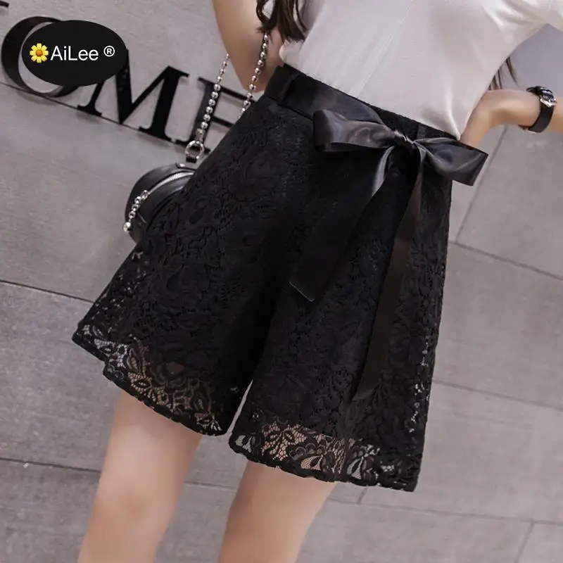 Women Wide Leg Lace Shorts Summer Loose Knee Length Shorts Ladies Casual High Waist Shorts Elegant Office OL Lady Street Shorts