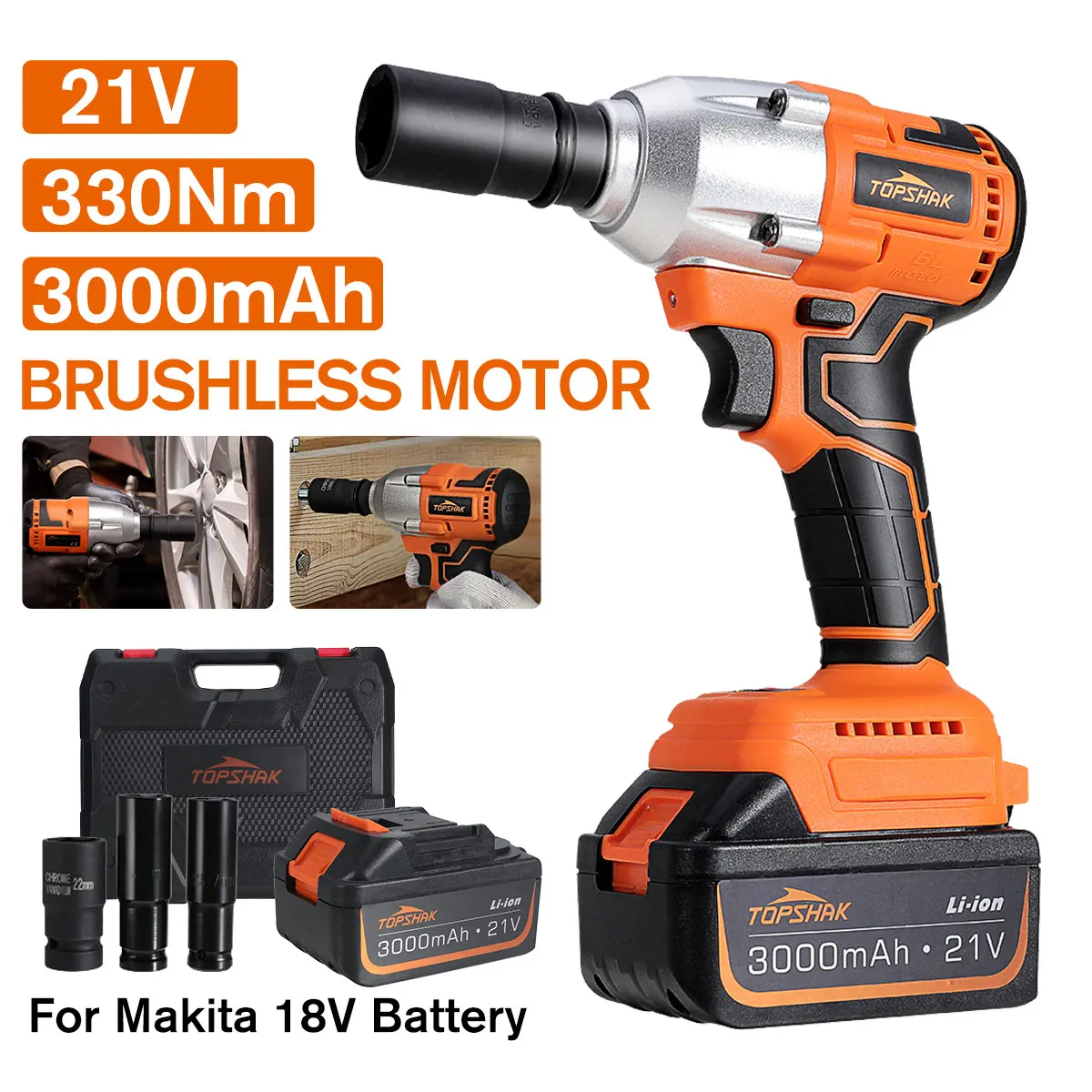 

3000mAh 330Nm 21V Brushless Electric Impact Wrench Rechargeable Electric Wrench with Sockets for Makita 18V Battery