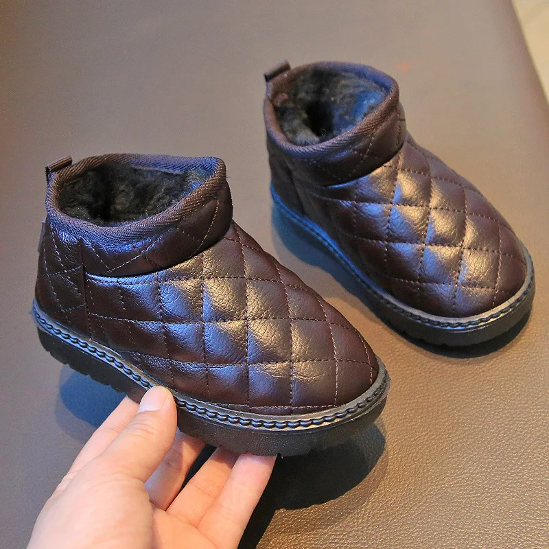 

Winter fleece boys snow boots non-slip waterproof PU leather girls short boots children's cotton shoes
