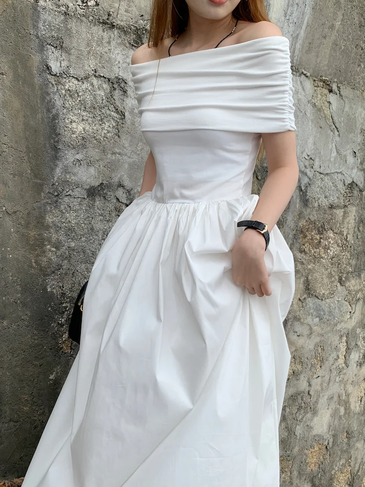 

Платье женское длинное с открытыми плечами, пикантное облегающее однотонное элегантное простое платье-трапеция во французском стиле, с широкой юбкой, большие размеры, на лето