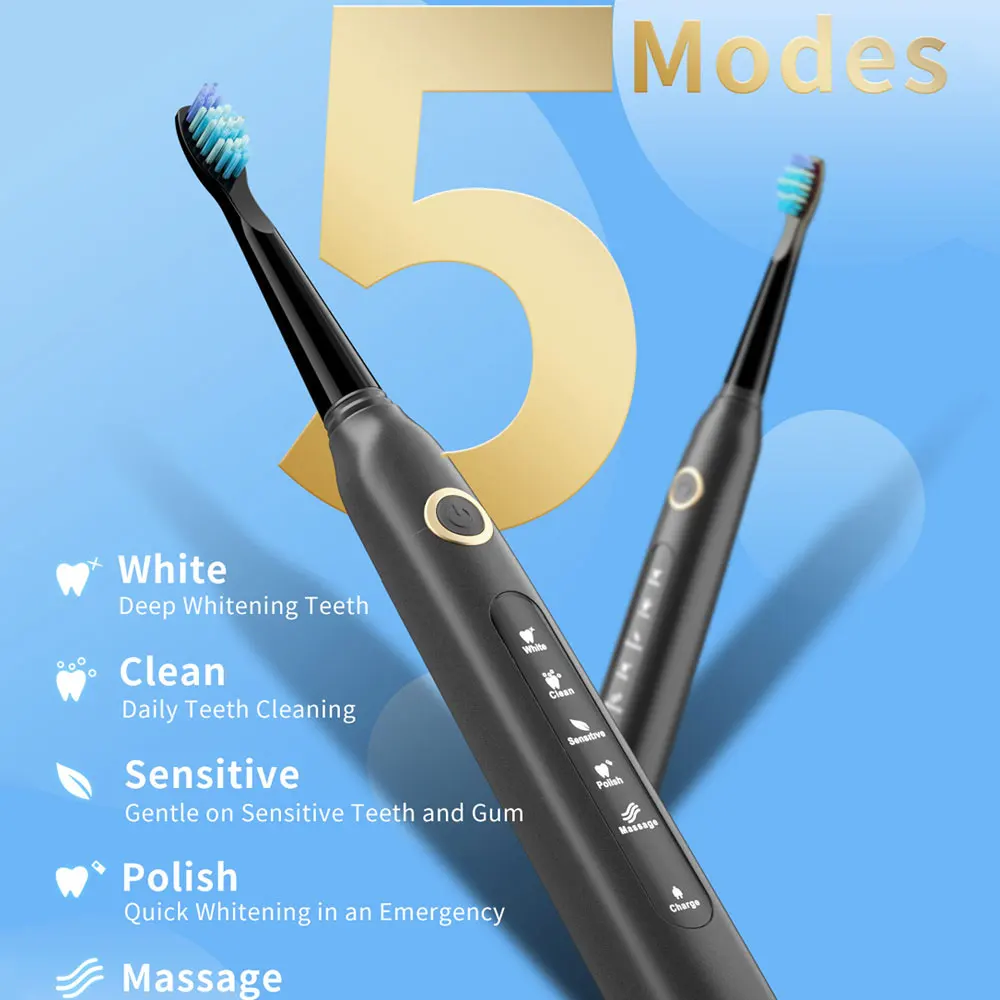 

Smart Sonic Electric Toothbrush IPX7 USB Rechargeable Tooth Brush Replacement Heads Set Waterproof Teethbrush Teeth Whitening