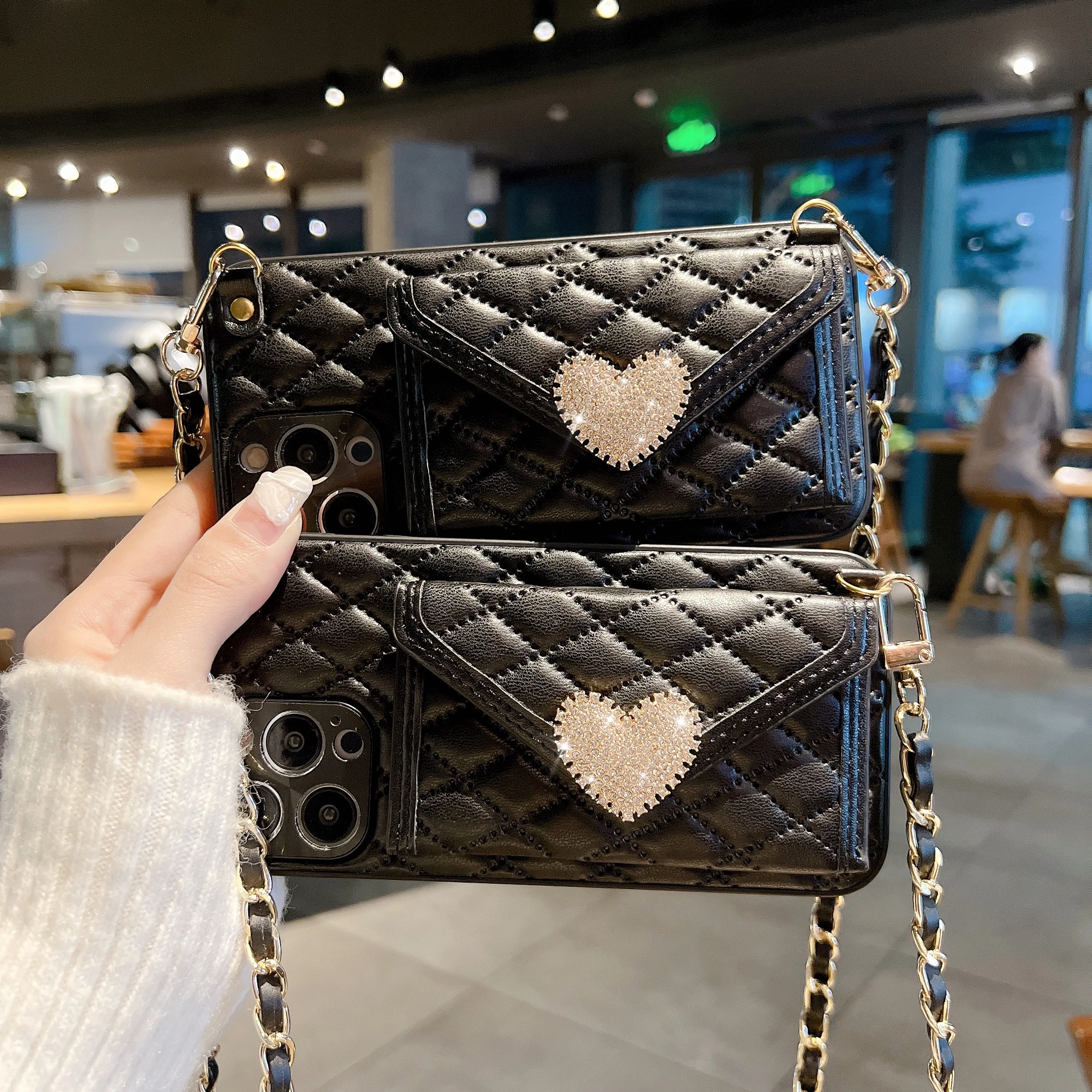 

Design Fragrance Diamond Luxury For Iphone 11 12 13 Pro Max Trendy Crossbody Black Love Phone Case Cover Wallet Bag Coin Purse