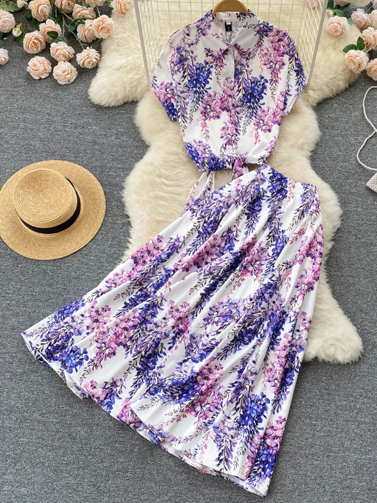 

FTLZZ New Summer Women Casual Two Piece Sets Notched Collar Button Crop Top and Empire Slim Floral Print Skirt