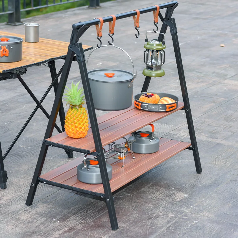 

Camping Wood Rack Shelf Multifunctional Solid Wood Tripod Outdoor Cookware Tableware Lamps Hanger Holder Rack Tools Shelves