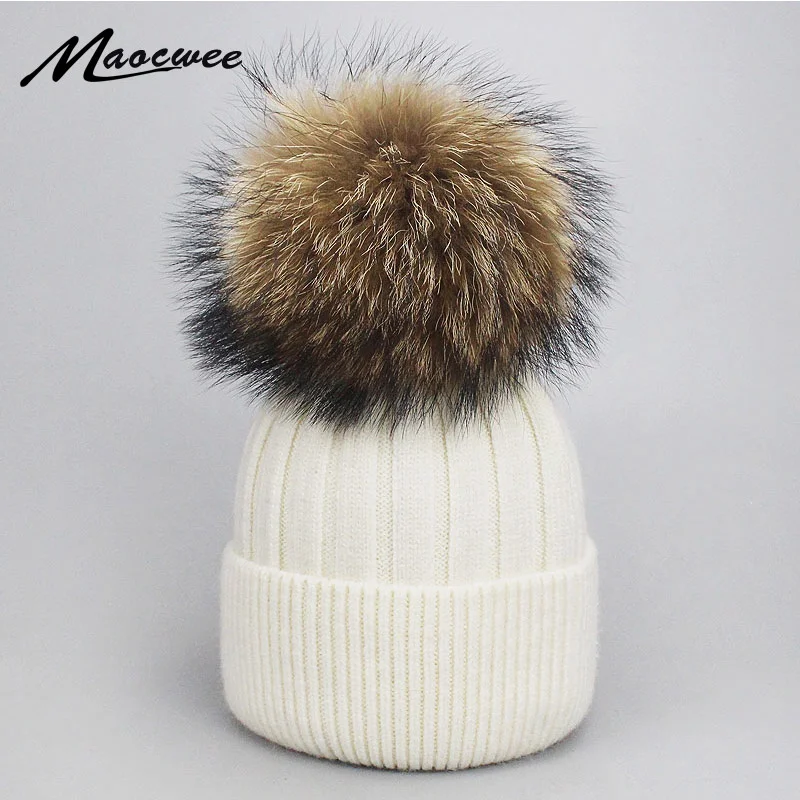 

irl Women Winter Wool Beanie Cap Real Raccoon Fur Pom Parent-cild Knitted at Core Yarn Warm Casual Skullies Beanies Bones