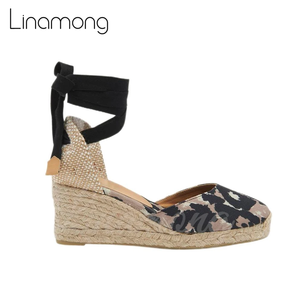 

Leopard Strap Espadrille Round Toe Wedge Summer Shoes for Women Mixed Color Ankle Strap Sandal Fashion Luxury Style High Heels