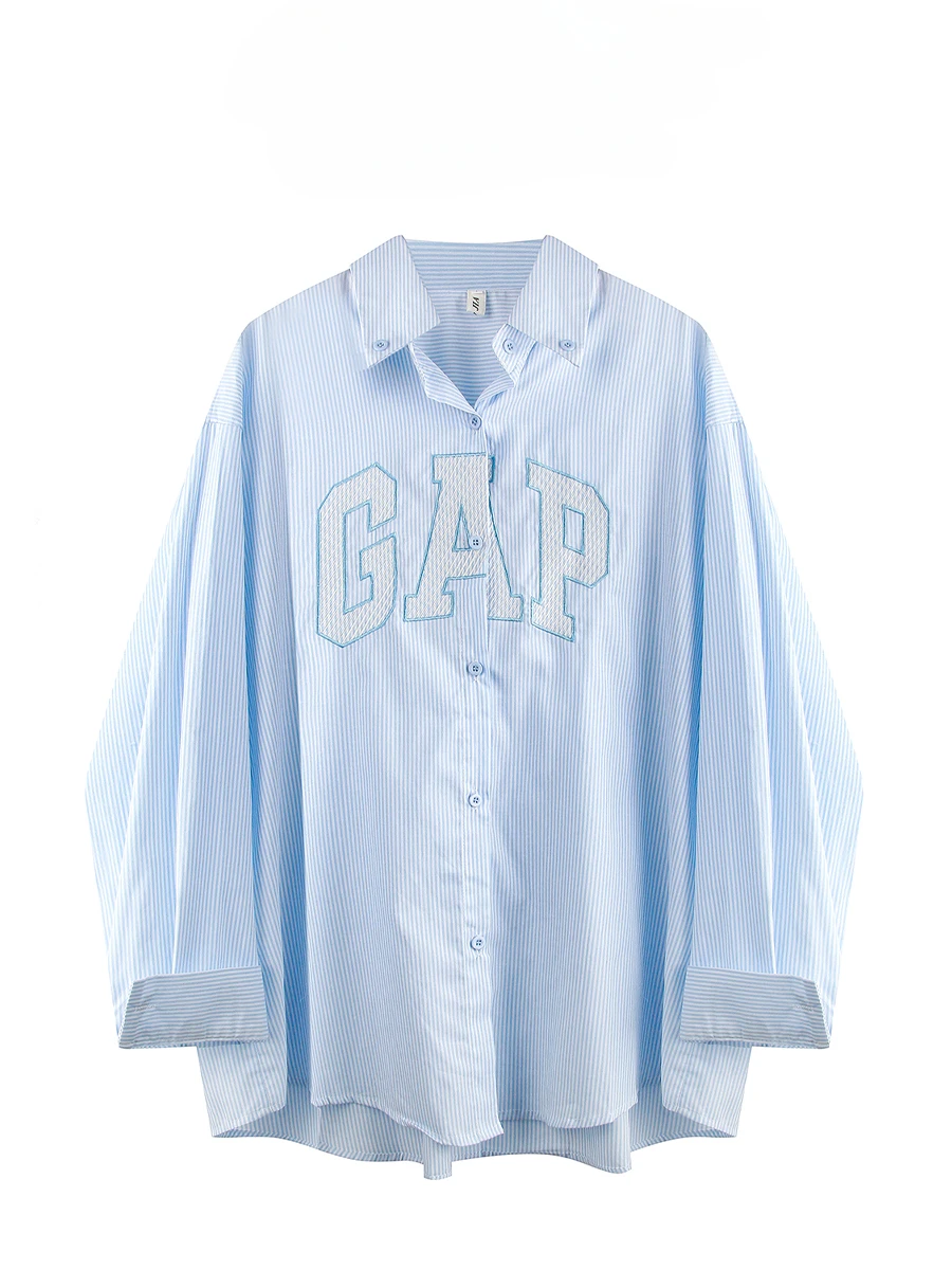 Женская рубашка в полоску с длинными рукавами и вышивкой Корейском стиле