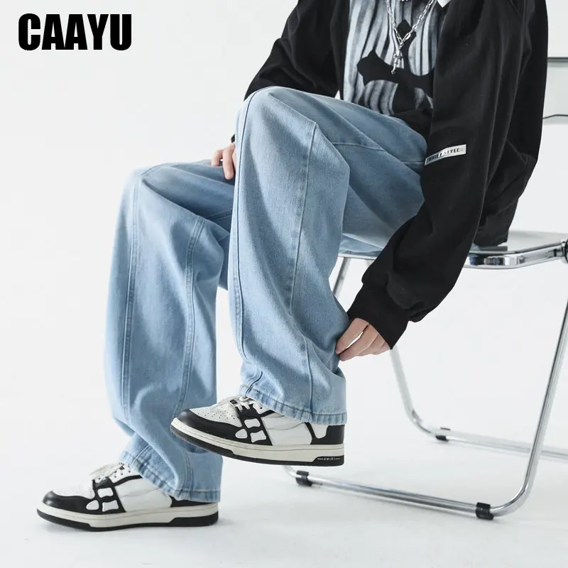 CAAYU 2023 Korean Fashion Jeans Mens Hip Hop Classic Japanese Streetwear Straight-leg Denim Wide-leg Pants Male Light Blue Jeans