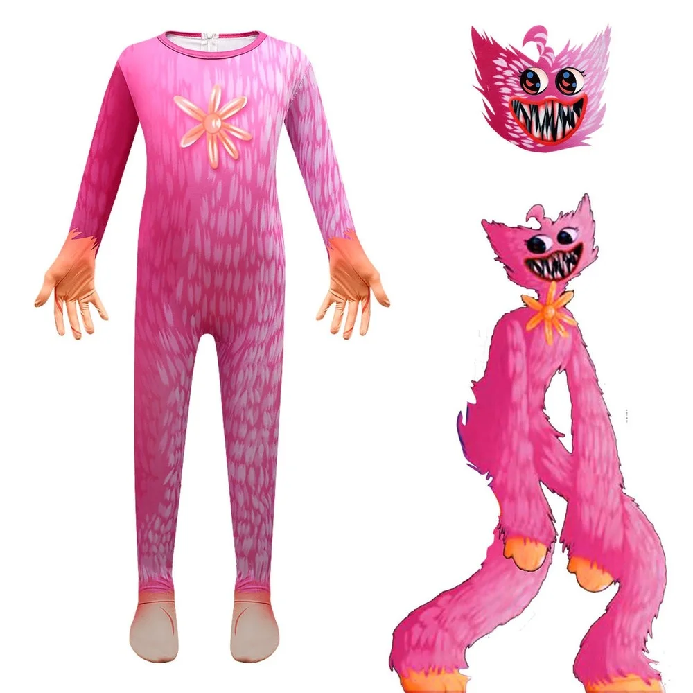 

Poppy Huggy Wuggy Cosplay Costume with Mask Kids Halloween Fancy Jumpsuits