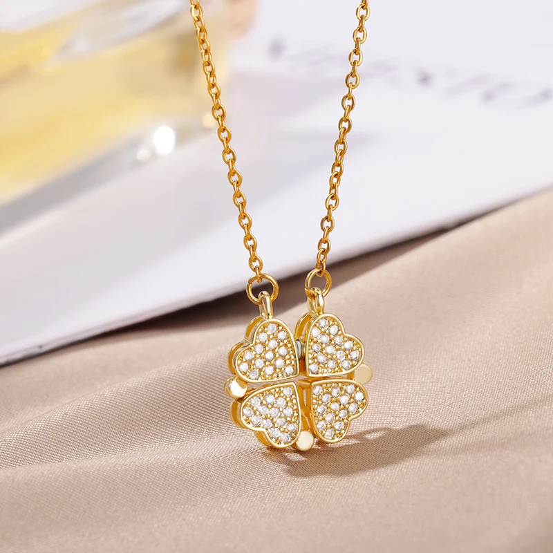 

Creative Magnetic Folding Heart-Shaped Four-leaf Clover Pendant Necklace Zircon Jewelry Two Ways To Wear Unusual Party Gift