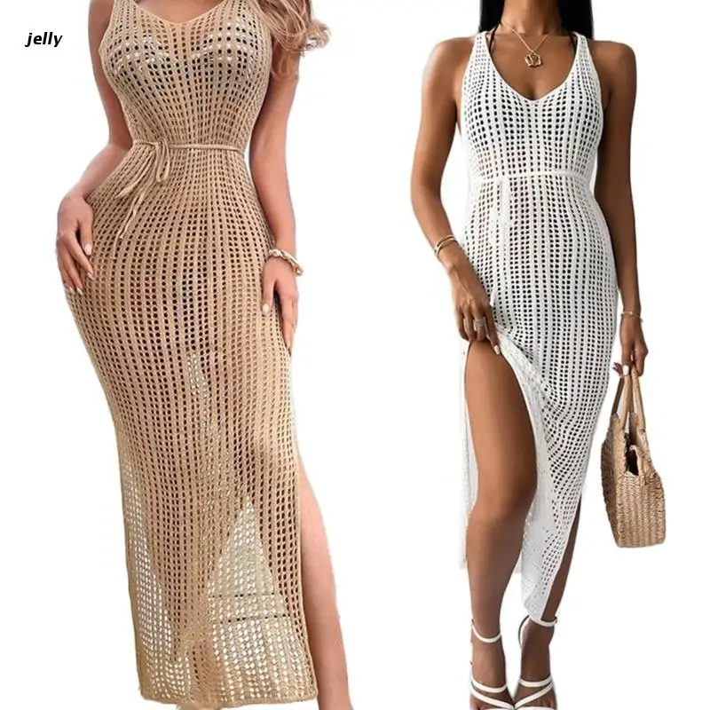 

448C Swimsuit Sunscreen Cover Ups V Neck Sleeveless Beachwear Tunic Dress Hollow Out