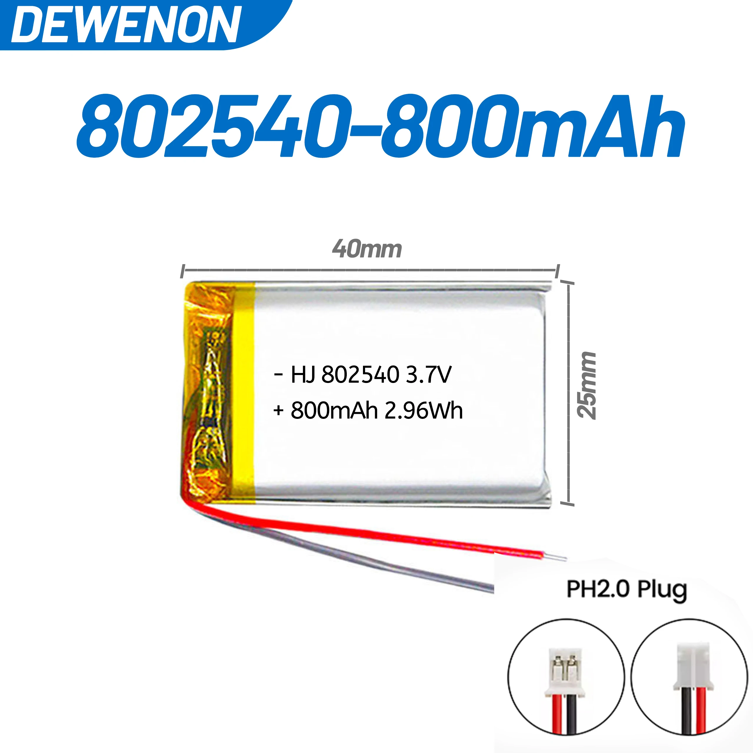 Фото Литий-полимерный перезаряжаемый аккумулятор 3.7V 800mAh 802540 с разъемом PH2.0/XH2.54, модель 082540, для GPS-трекеров для животных и электронных термометров №1