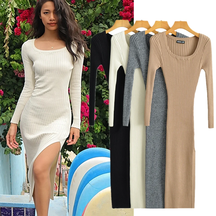 

Withered 2023 Ins Blogger England Fashion High Street O-neck Rib Knitted Sheath vintage Forking Sexy Party Midi Dress Women