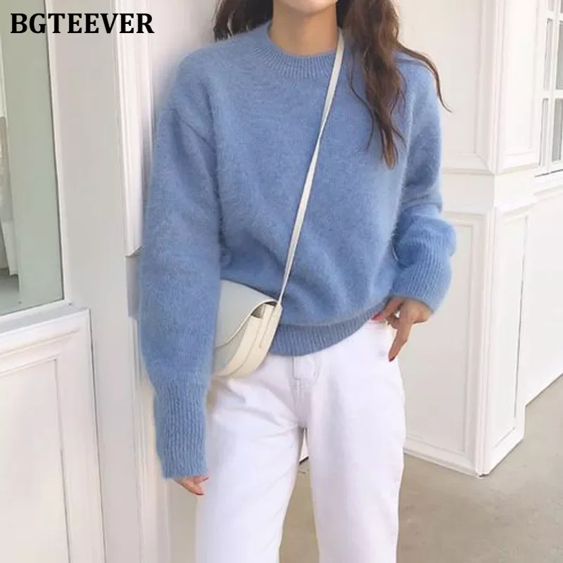 

BGTEEVER 2021 Casual Warm O-neck Winter Women Sweater Long-sleeved Female Knitted Jumpers Pullover Sweater Knit Tops