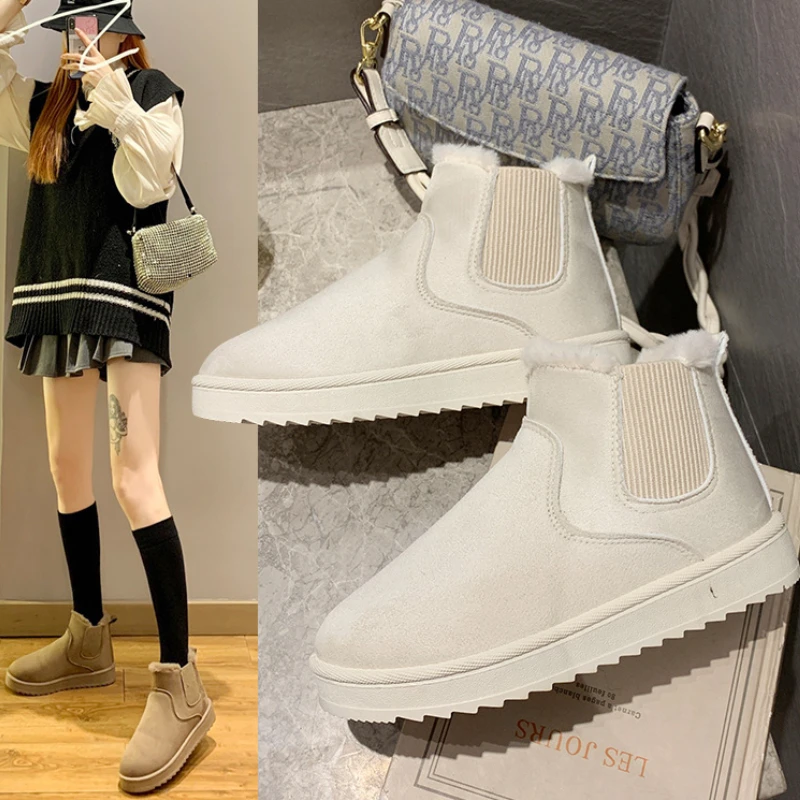 

White Platform Boots for Women Winter Solid Color Round Head Flat Bottom Snow Boots Slip on Non-slip Cotton Shoes Bota De Neve
