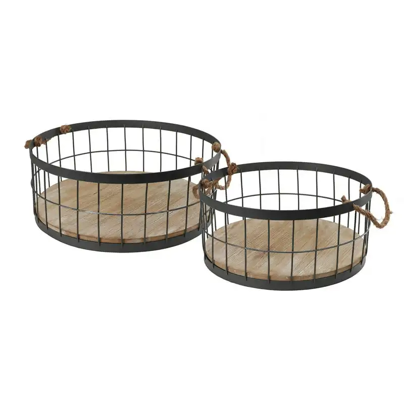 

Set of 2 Black and Brown Round Metallic Wire Storage Baskets with Handle, 14.75"