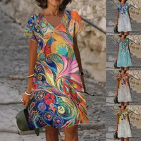 womens shift dress spring summer v neck fashion casual loose skirt 2022 rainbow print short sleeve knee length dress