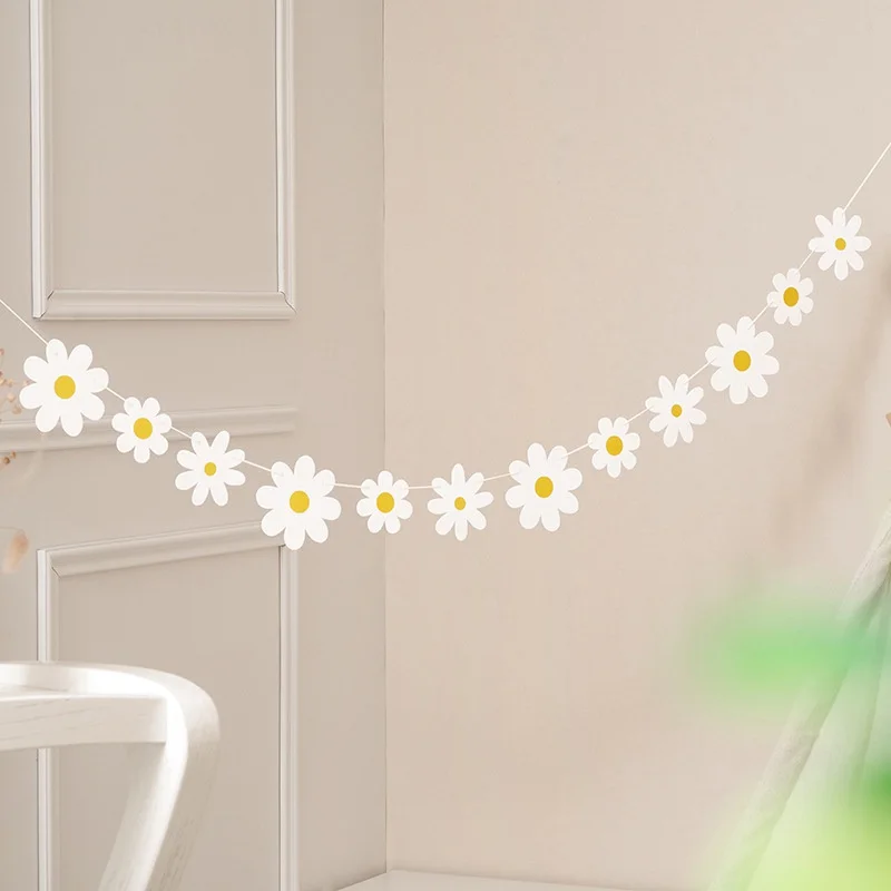 

Gradient Chrysanthemum Flag Scene Birthday Party Decorations White Daisy Pull Flower Banner Flag Bunting Supplies
