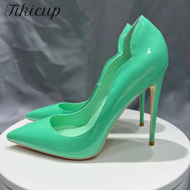 

Tikicup Glossy Mint Green Women V Cut Pointy Toe High Heel Shoes for Wedding Party Dress Elegant Slip On Stiletto Pumps 33-46