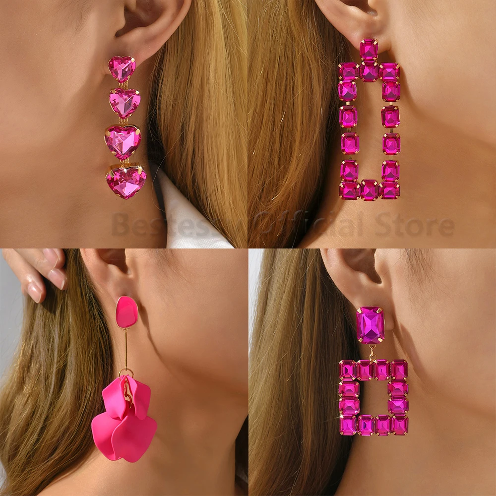 

Hot Pink Rhinestone Statement Drop Dangle Earrings For Women Luxury Designer Geometric Large Pendants Wedding Party Jewelry Gift