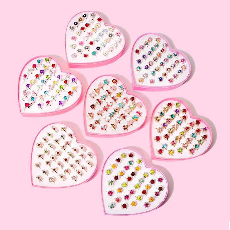 

Cartoon Children's Box Pack Adjustable Ring Set Glass Cute Flower Love Pink Girl Heart Little Girl Jewelry