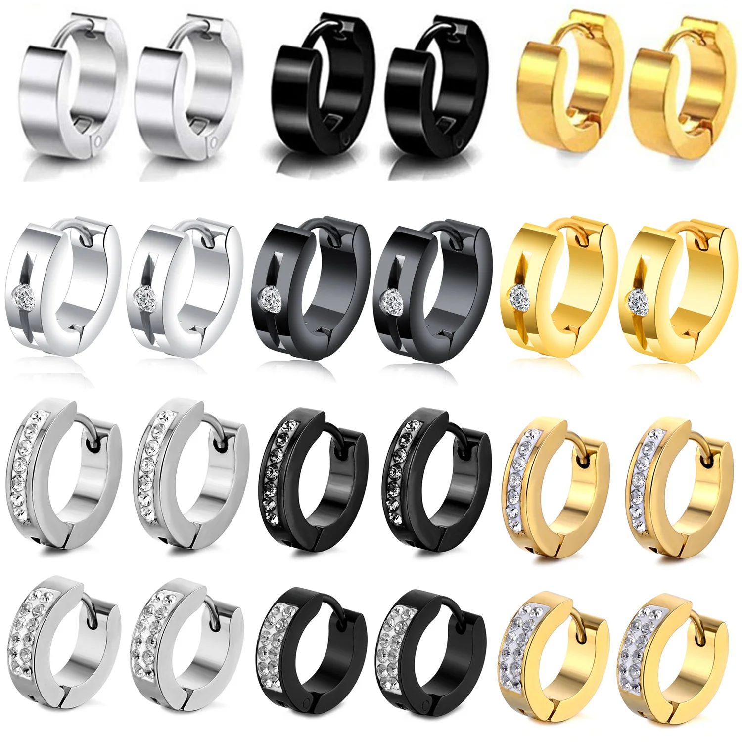 

1 Pair 13MM Stainless Steel Small Hoop Earrings for Men Women Huggie Earrings CZ Inlaid Punk Rock Stud Earrings Men Jewelry